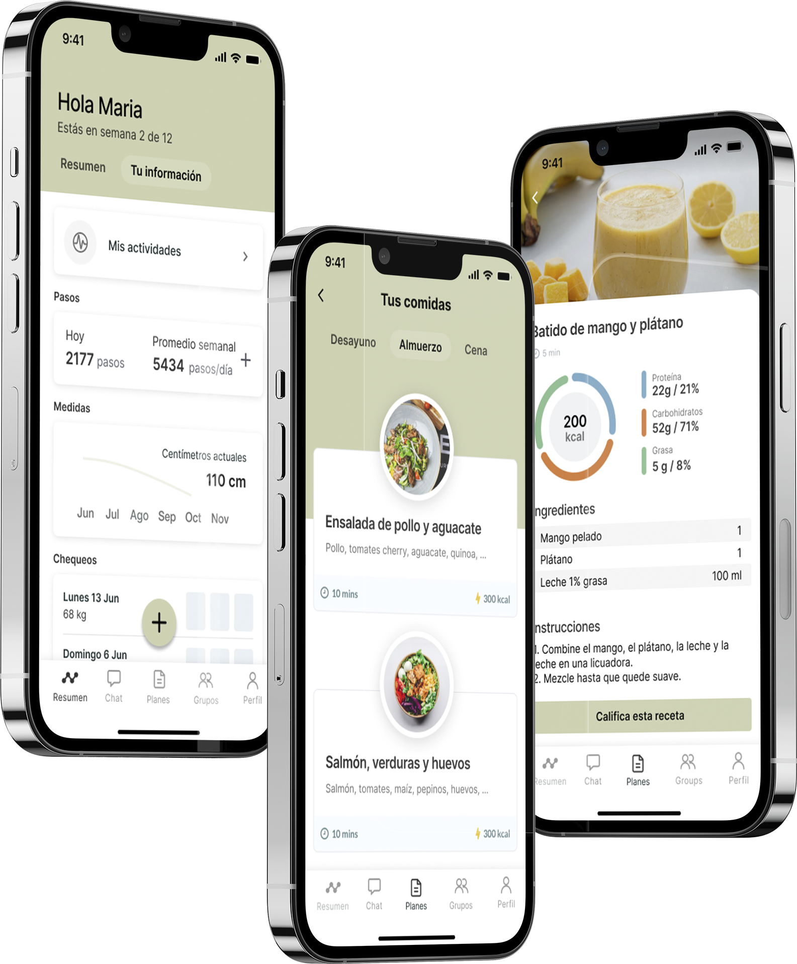 Un mockup de la app de coaching mostrando las funciones.